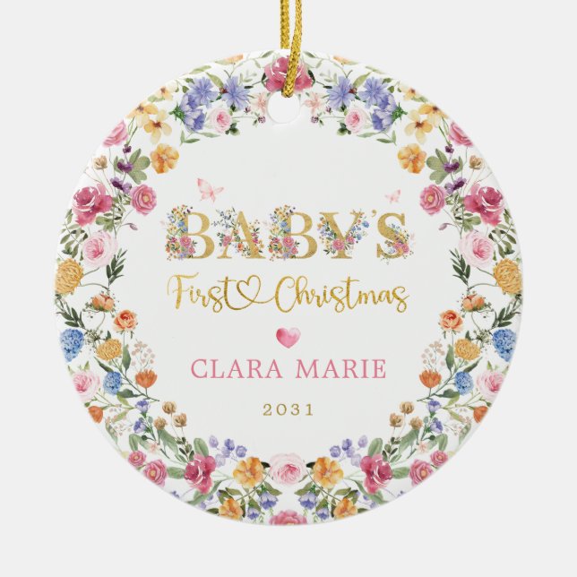 Colourful Wildflower Baby's First 1st Christmas Ceramic Ornament (Front)