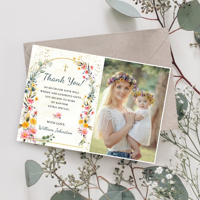 Colourful Wildflower Baptism Photo Thank You Card (Creator Uploaded)