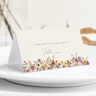 Colourful Wildflower   Beige Meadow Folded Place Card