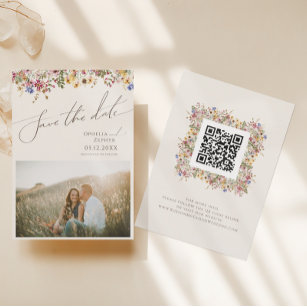 Colourful Wildflower   Beige Meadow Photo QR Code Save The Date