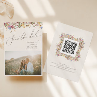 Colourful Wildflower | Beige Meadow Photo QR Code Save The Date