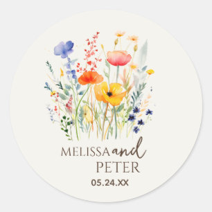 Colourful Wildflower Beige Monogram Photo Wedding  Classic Round Sticker