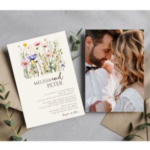 Colourful Wildflower Beige Monogram Photo Wedding Invitation