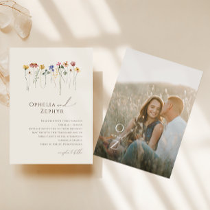 Colourful Wildflower Beige Monogram Photo Wedding  Invitation