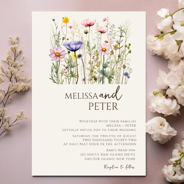 Colourful Wildflower Beige Monogram Photo Wedding  Invitation (Creator Uploaded)