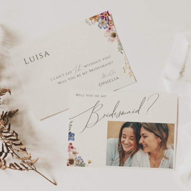 Colourful Wildflower | Beige Photo Bridesmaid Card (Creator Uploaded)