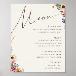 Colourful Wildflower   Beige Wedding Menu Sign
