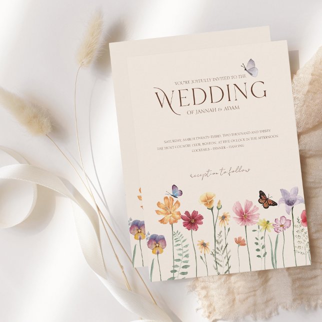 Colourful Wildflower Butterfly Wedding Invitation (Simple Colorful Wildflower Floral Wedding Invitation)