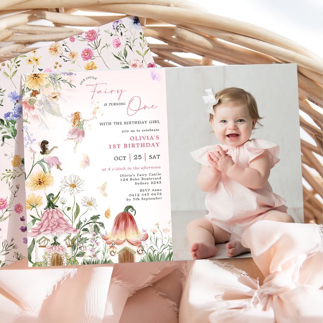 Colourful Wildflower Fairy 1st Birthday Photo Invitation (Creator Uploaded)