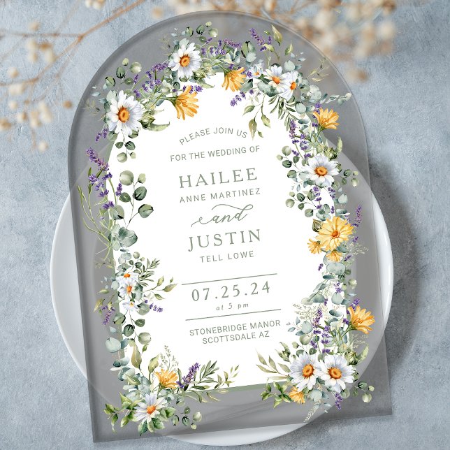Colourful Wildflower Floral Arched Spring Wedding Acrylic Invitations (Creator Uploaded)
