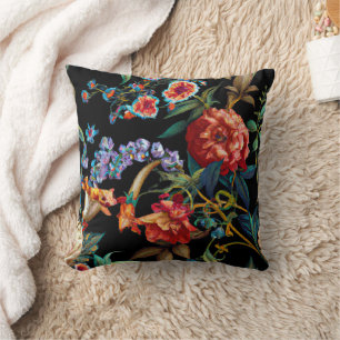 Colourful Wildflower Floral Art Black Throw Pillow