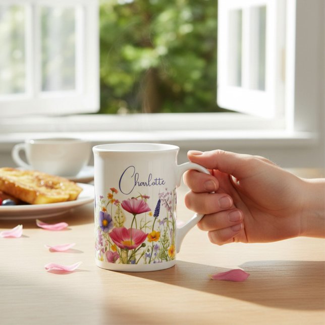 Colourful Wildflower Floral Personalized Name Bone China Mug (Creator Uploaded)