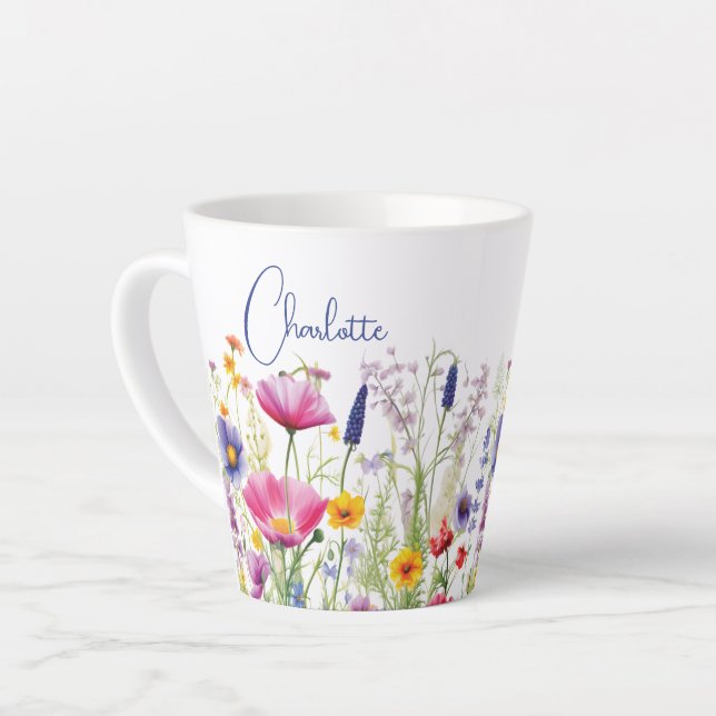 Colourful Wildflower Floral Personalized Name Latte Mug (Left Angle)