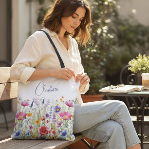 Colourful Wildflower Floral Personalized Name Tote Bag