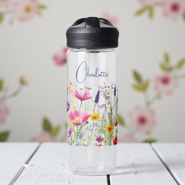 Colourful Wildflower Floral Personalized Name Water Bottle (Creator Uploaded)
