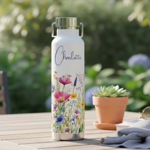 Colourful Wildflower Floral Personalized Name Water Bottle