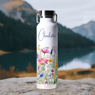 Colourful Wildflower Floral Personalized Name Water Bottle