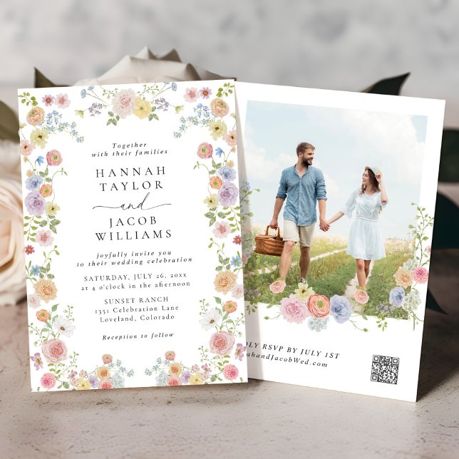 Colourful Wildflower Floral Photo QR Code Wedding Invitation (Creator Uploaded)