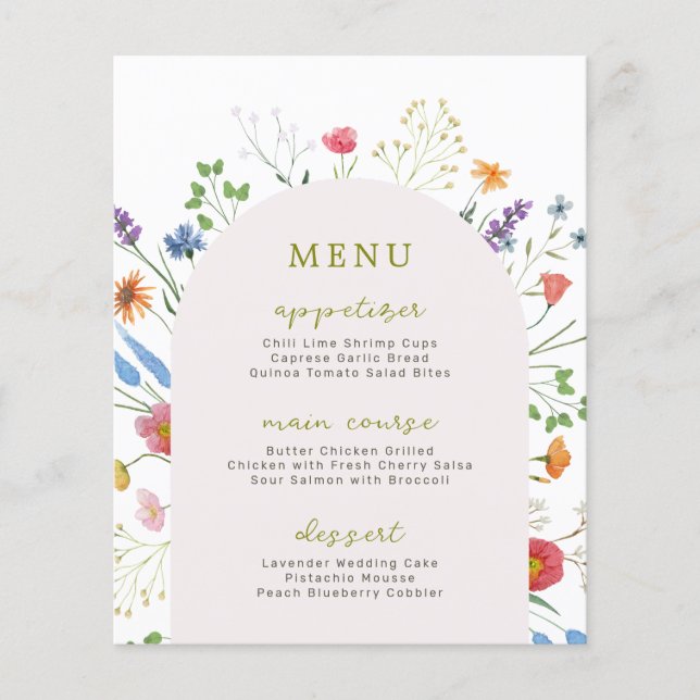 Colourful Wildflower Garden Bridal Shower Menu (Front)