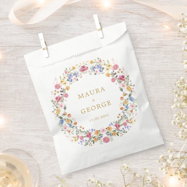 Colourful Wildflower Garden Floral Wreath Wedding Favour Bag (Clipped)