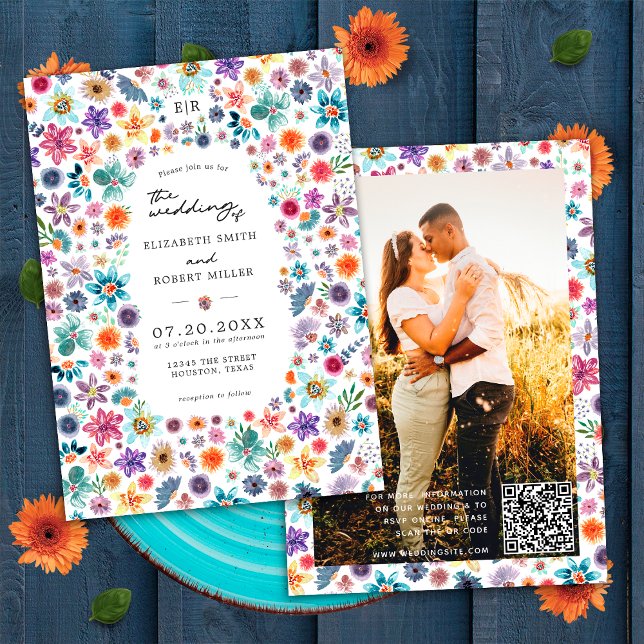 Colourful Wildflower Garden QR Code Wedding Photo Invitation (Front/Back)