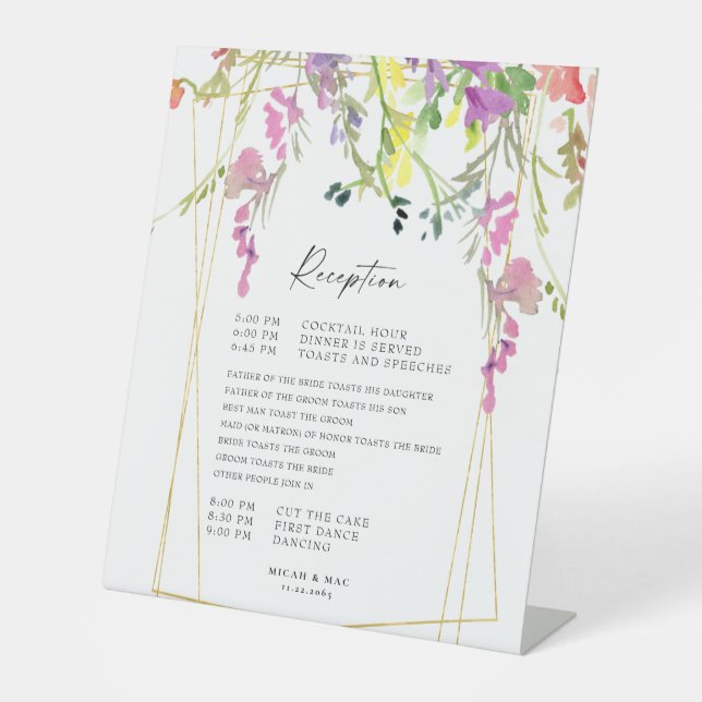 Colourful Wildflower Geometric Reception Timeline Pedestal Sign (Front)