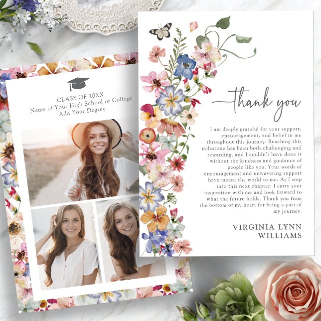 Colourful Wildflower Graduation Thank You Card (Colorful Wildflower Graduation Photo Thank You Card with Butterfly by Painted Paperie
)