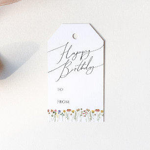 Colourful Wildflower Happy Birthday Script Gift Tags