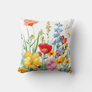 Colourful Wildflower Illustration in Bloom Throw Pillow