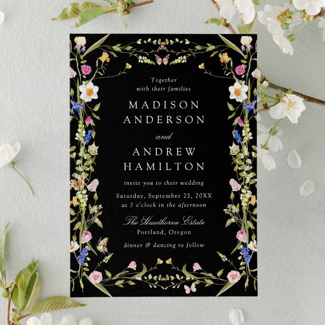 Colourful Wildflower Meadow Black Wedding Invitation (Creator Uploaded)