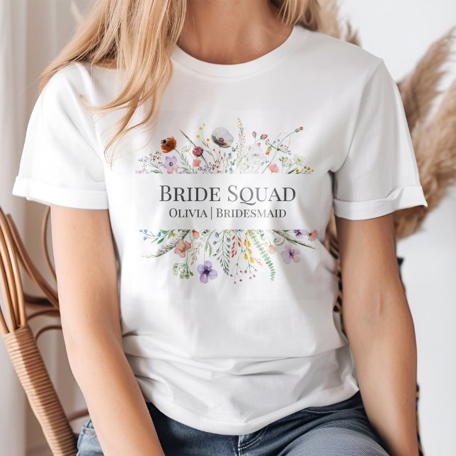 Colourful Wildflower Meadow Bride Squad T-shirt (A young blond woman wearing a Colorful Wildflower Meadow Bride Squad T-shirt.)