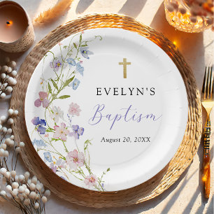 Colourful Wildflower Meadow Girl Baptism Paper Plate
