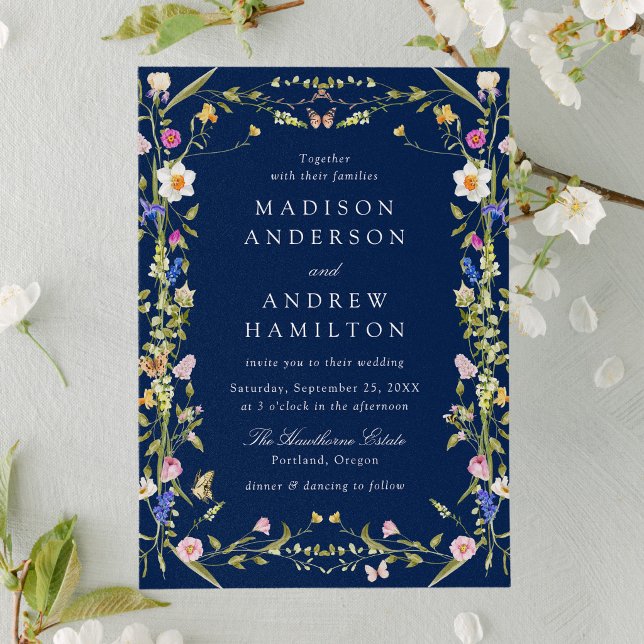 Colourful Wildflower Meadow Navy Wedding Invitation (Creator Uploaded)