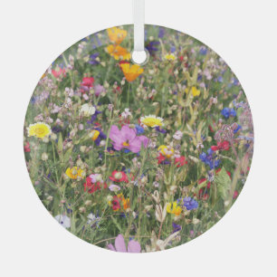 Colourful wildflower meadow, vibrant pattern. glass ornament
