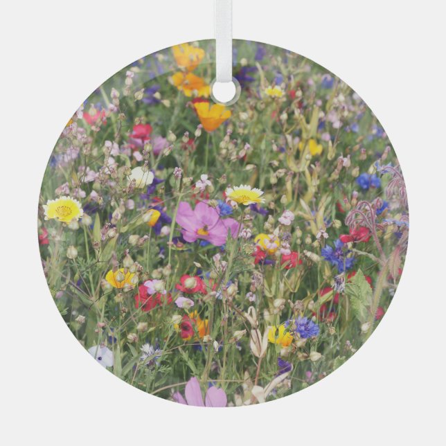 Colourful wildflower meadow, vibrant pattern. glass ornament (Front)