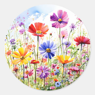 Colourful Wildflower Meadow Watercolor Classic Round Sticker