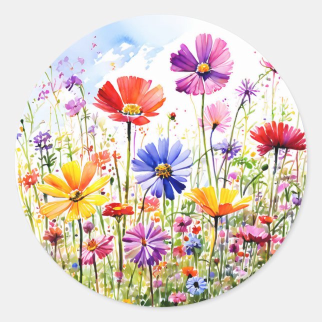 Colourful Wildflower Meadow Watercolor Classic Round Sticker (Front)