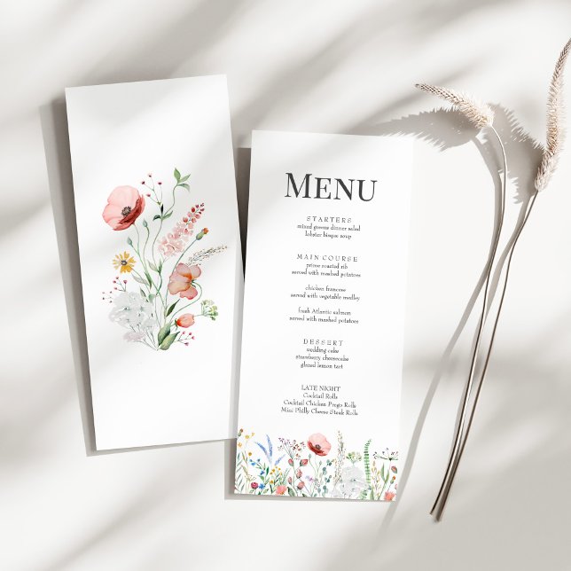Colourful Wildflower Meadow Wedding Menu (Tiny Wildflower Meadow Wedding Menu Card on a sunny white table with a dry wildflower.)