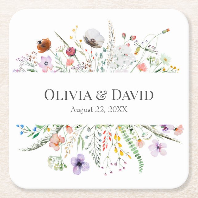 Colourful Wildflower Meadow Wedding Square Coaster (Front)
