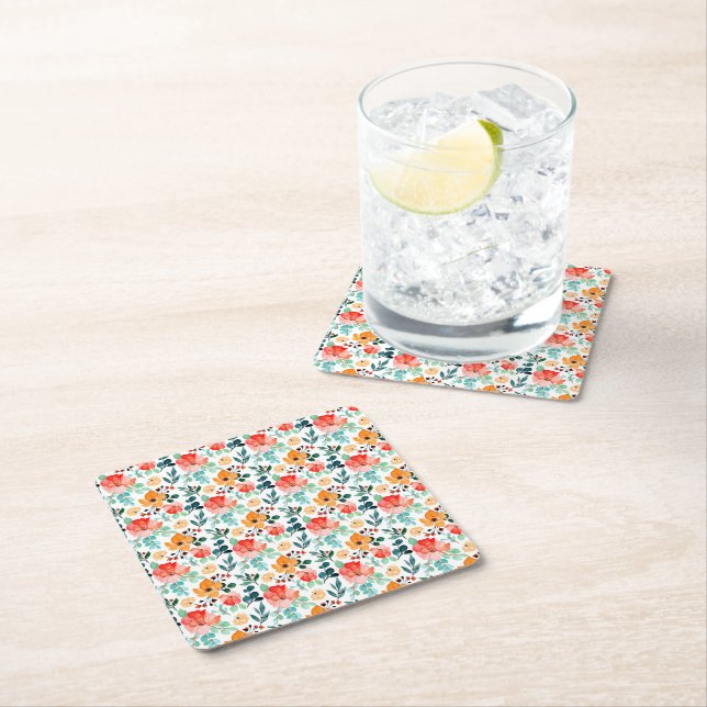 Colourful Wildflower Mixed Floral Pattern Square Paper Coaster (Insitu)