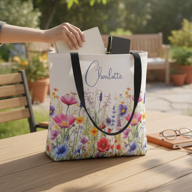 Colourful Wildflower Personalized Name Tote Bag (Creator Uploaded)