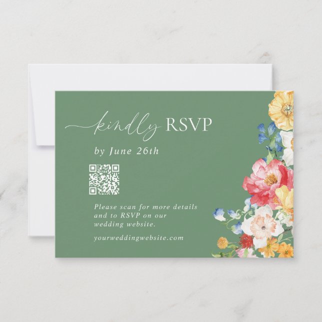 Colourful Wildflower QR Code Sage Green RSVP Invitation (Front)