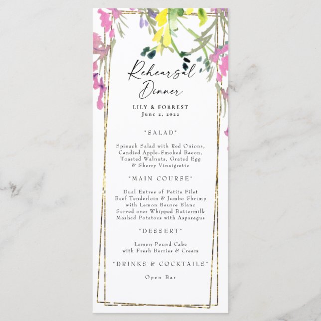Colourful Wildflower Rehearsal Dinner Menu  (Front)