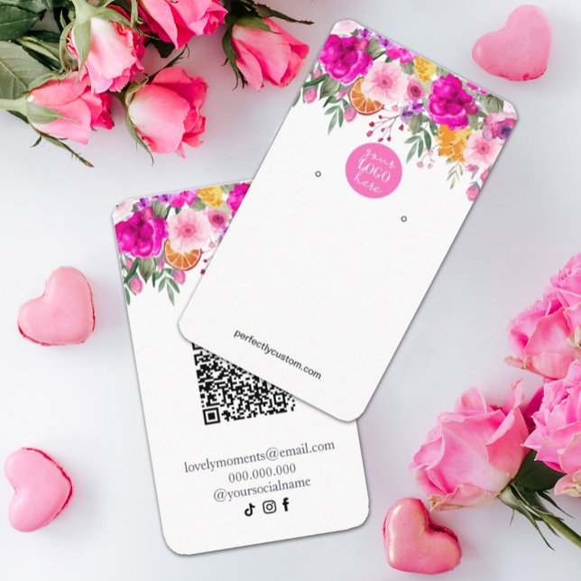 Colourful Wildflower Spring Earing Display Busines Business Card (watercolor flowers in shades of pink and white in rustic garden greenery. #earringdisplaycard #chic)