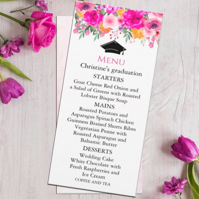 Colourful Wildflower Spring Menu Graduation Invitation (watercolor flowers in shades of pink and white in rustic garden greenery. #graduationpartsupply )