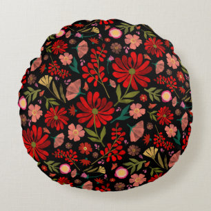 Colourful Wildflower Summer Floral Black Round Pillow