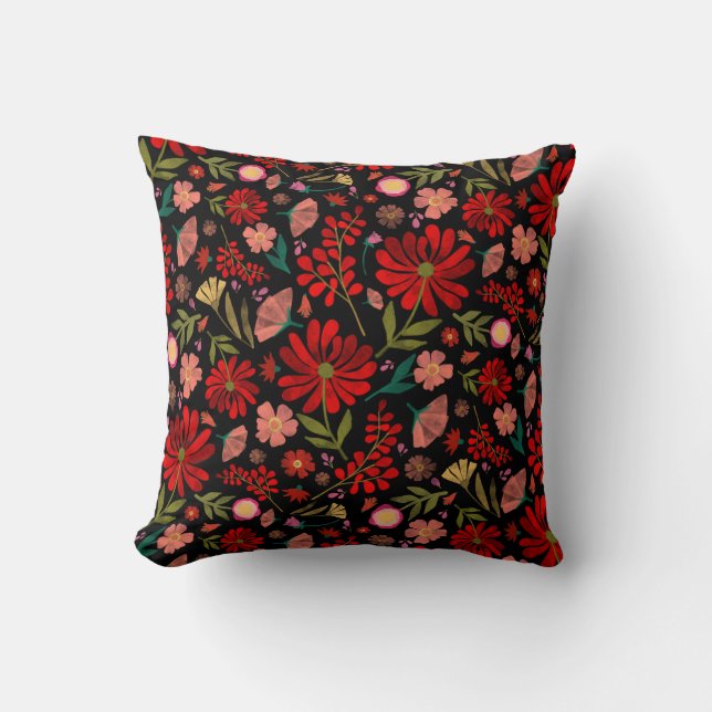 Colourful Wildflower Summer Floral Black Throw Pillow (Front)
