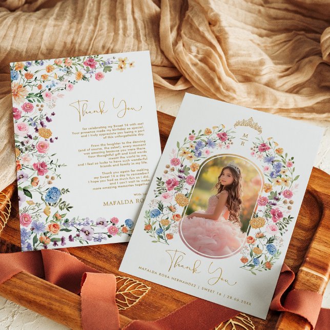 Colourful Wildflower Sweet 16 Quinceanera Photo Thank You Card (Creator Uploaded)
