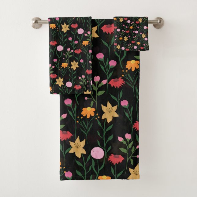 Colourful Wildflower Watercolor Black Design Bath Towel Set (Insitu)