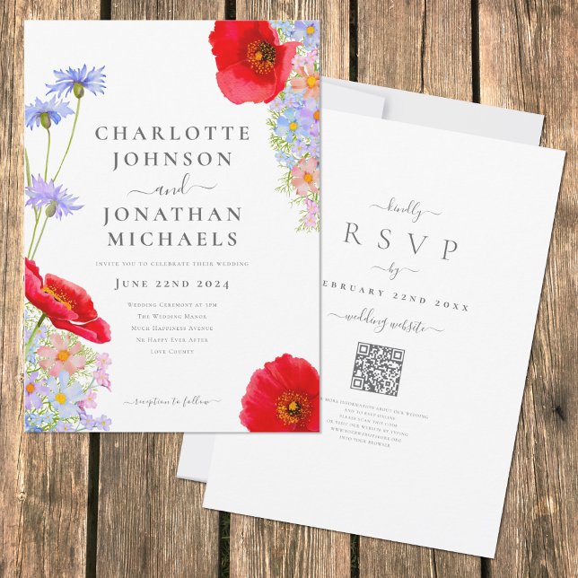 Colourful Wildflower Watercolor Boho QR Code Invitation (Elegant colorful wildflower boho wedding invitation with qr code and website rsvp)